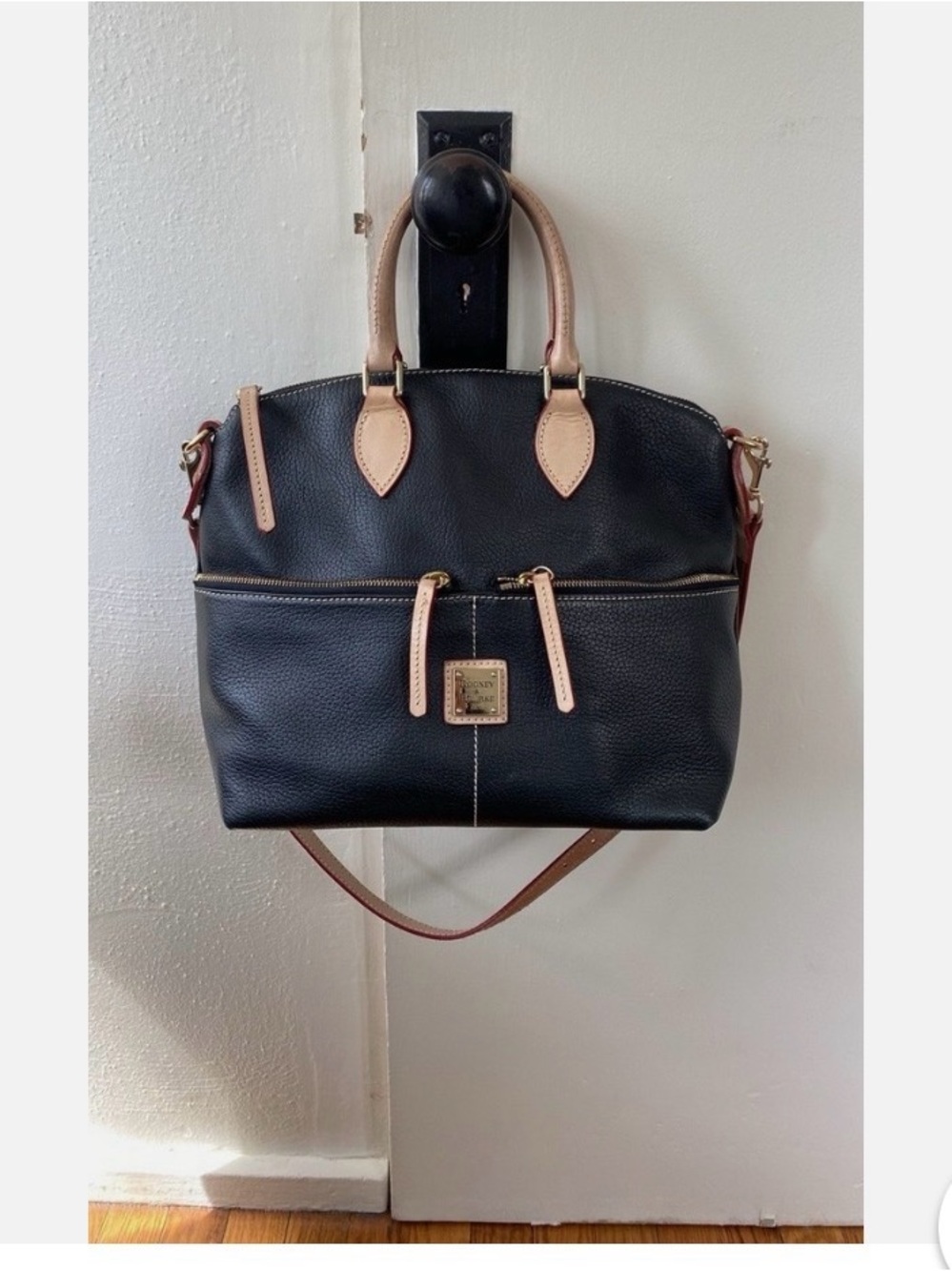 Dooney & Bourke Black Pebbled Leather Satchel with Tan Trim Dillen